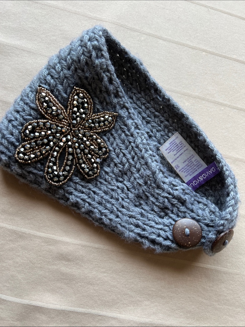 David & Young gray cable knit winter headband beaded